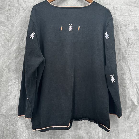 Vintage Quacker Factory Easter Sweater Womens 1X Black Bunny Embroidered Ramie - Picture 5 of 12